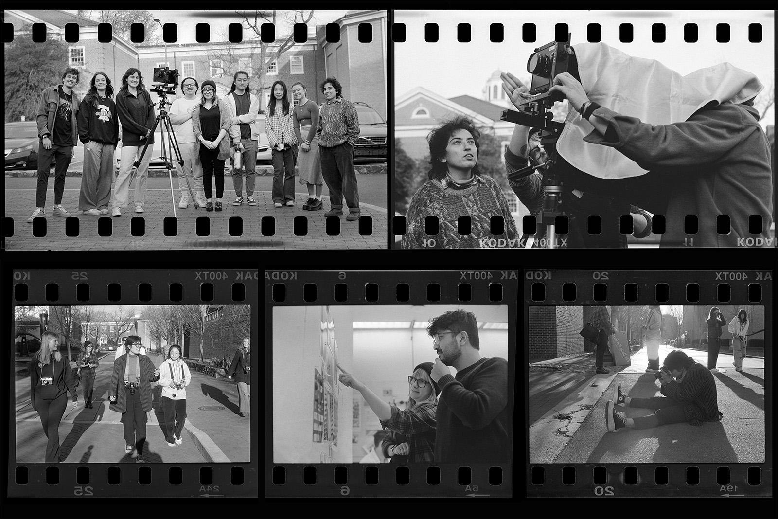 Five black-and-white photos of students in a film photography class. In addition to a group photo, the other four photos are of students either taking photographs or walking around the campus of UNC-Chapel Hill on assignment.